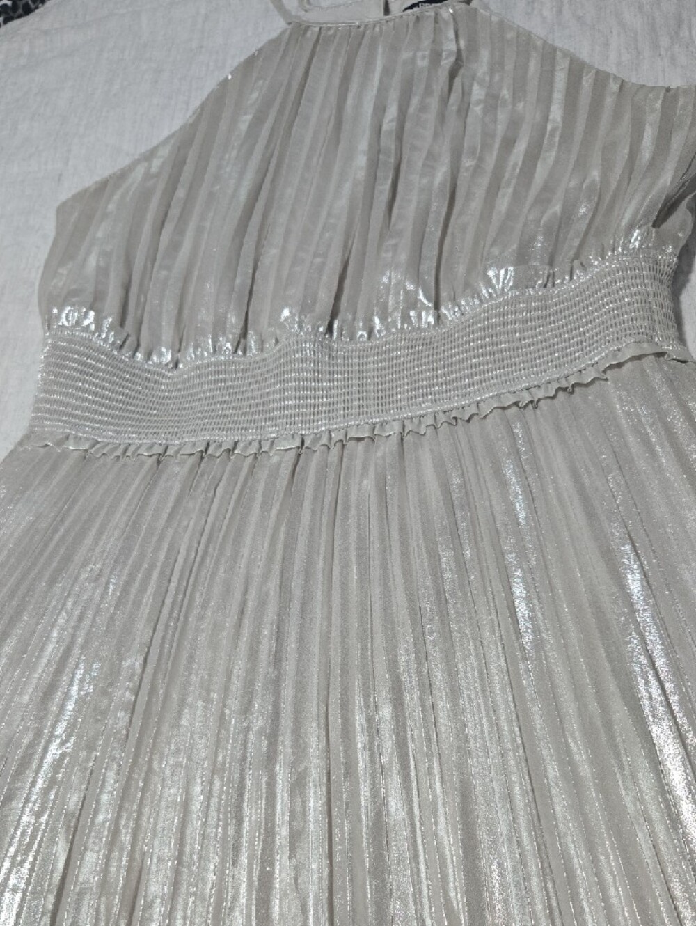 Express Metallic Pleated Halter Dress - Silver/Cream - Picture 5 of 13